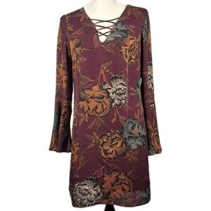 ACCIDENTALLY IN LOVE S Retro 70s Style Knee Length Dress Bell Sleeve Boho Purple